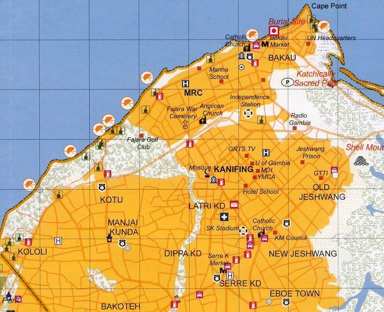 Fajara area map including Kololi, Kotu, Kanifing and Serrekunda
