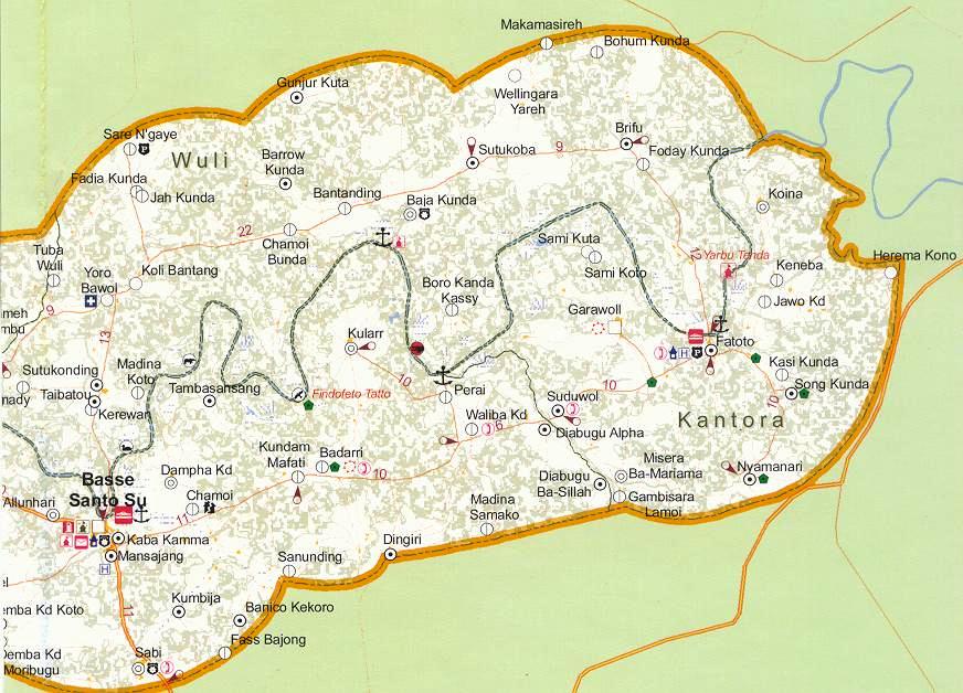 Basse Santa Su Town, Wuli, Kantora and Fatoto map in Gambia